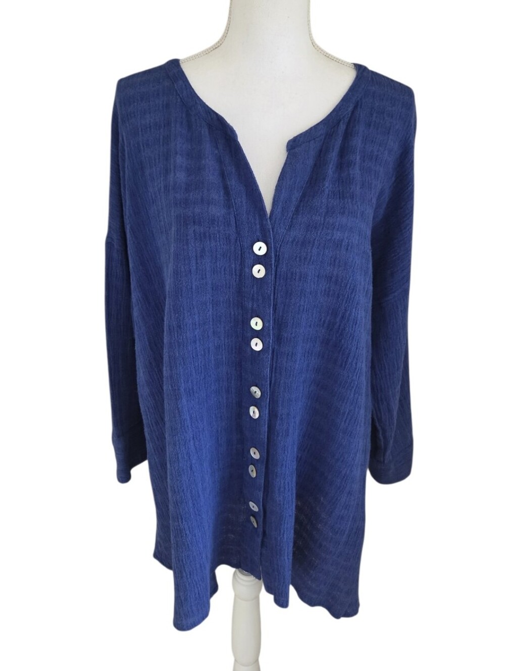 soft surroundings royal blue linen cotton gauze button front tunic cardigan top
